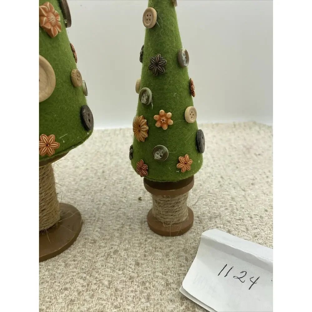 Set Of Two Crafted Button Christmas Trees. Cloth, Buttons, And Wood